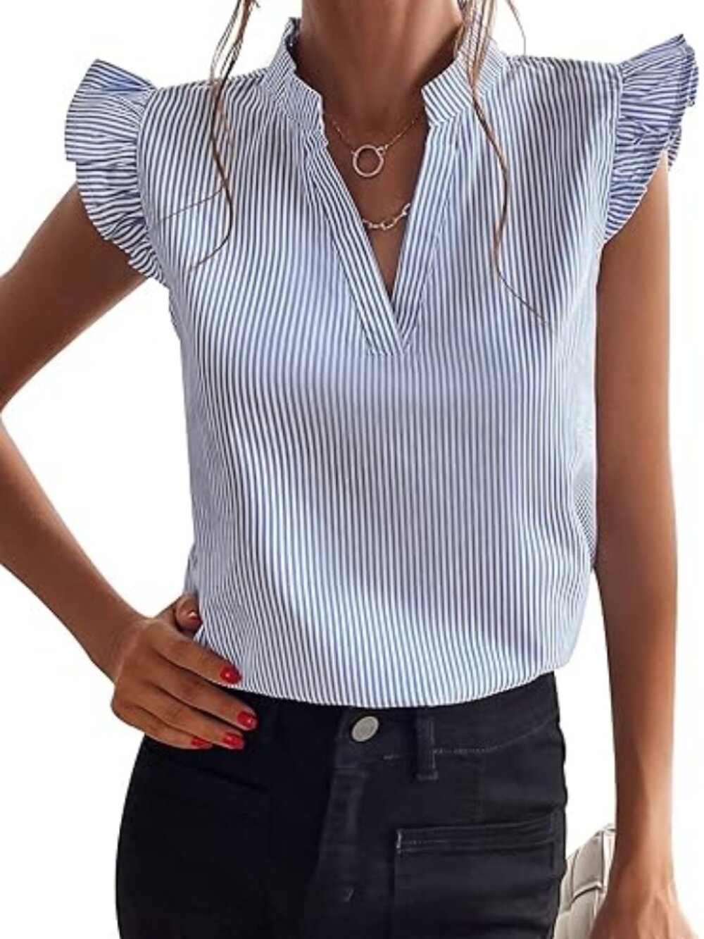 ✨ WDIRARA Striped Ruffle Sleeve Notched V-Neck Blouse